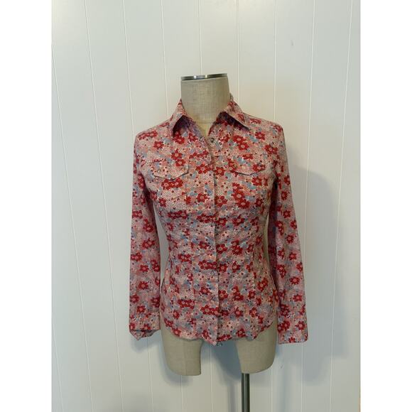 Express Shirt Womens 12 Red Blue Floral Stretch Button Up Long Sleeve Fitted Top - Picture 1 of 8